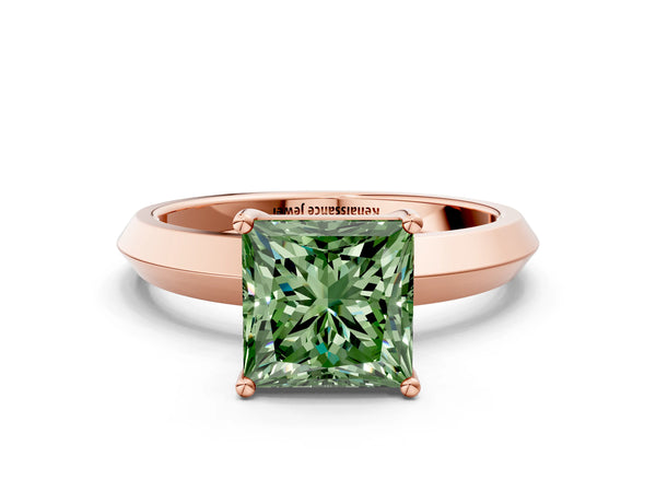 Rose gold Fancy Green Princess  Cut Solitaire Engagement Ring with Flat Band and Four-Prong Setting