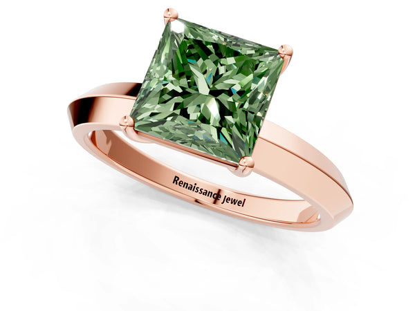 Rose gold Fancy Green Princess  Cut Solitaire Engagement Ring with Flat Band and Four-Prong Setting