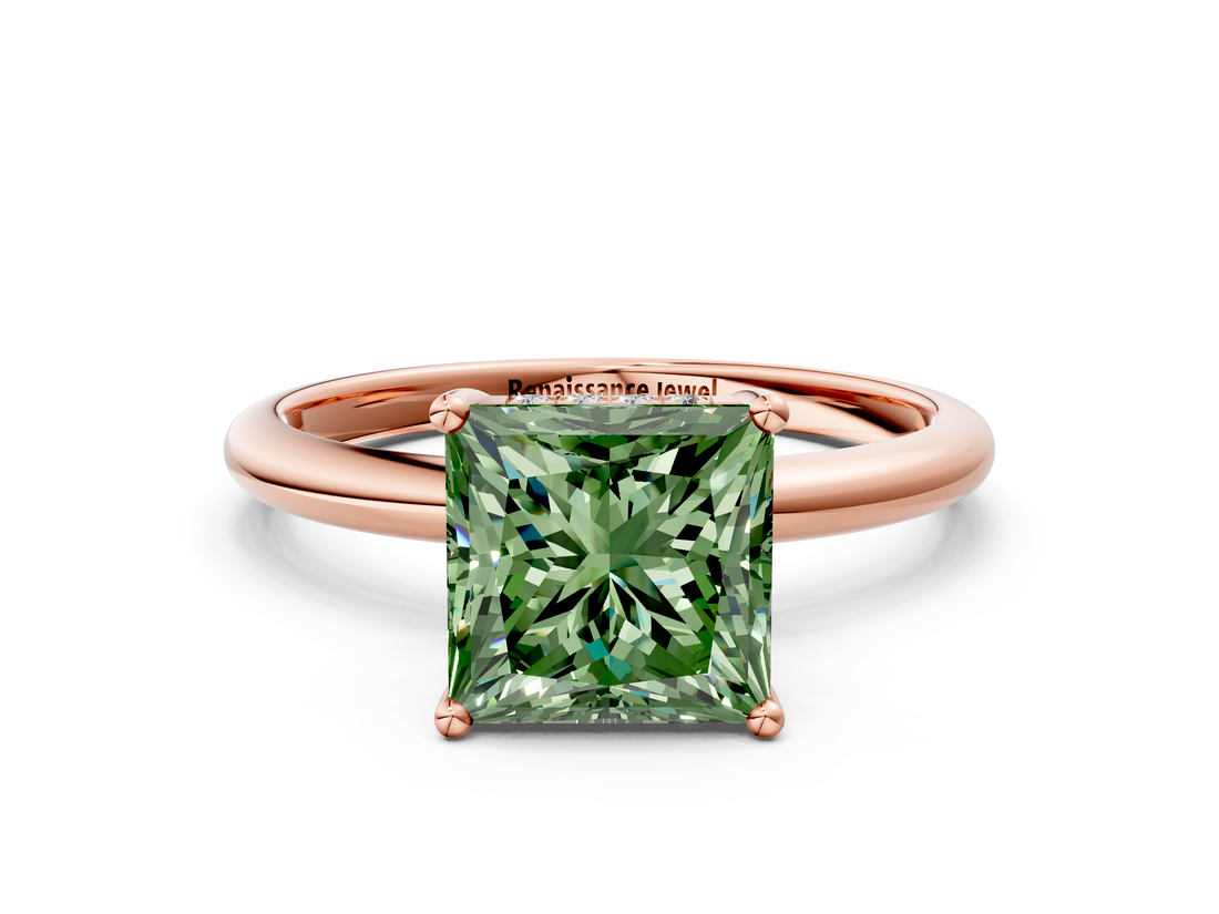Rose gold Fancy Green Princess  Cut Solitaire Engagement Ring with Four-Prong Setting and Classic Band