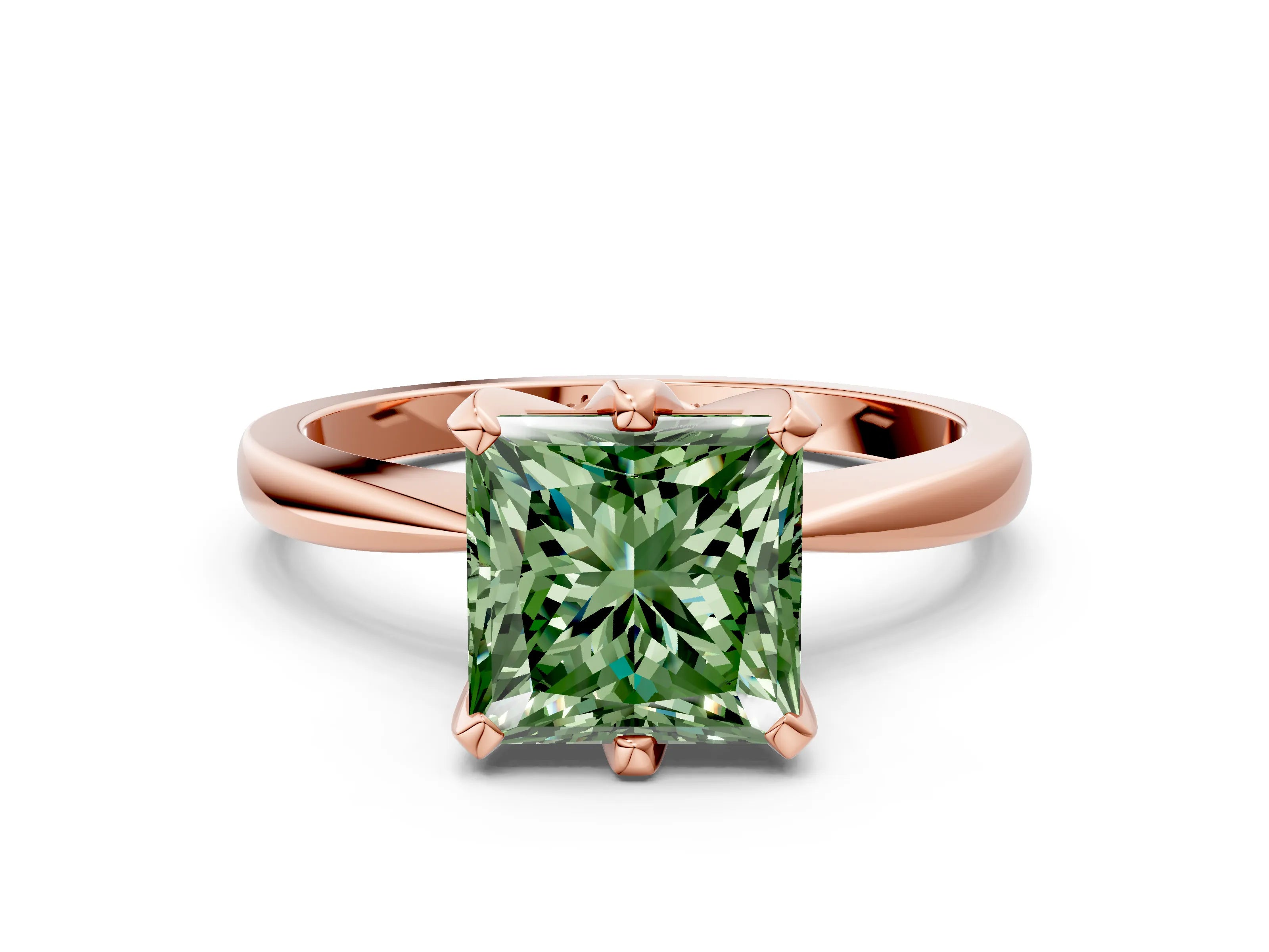 Rose gold Fancy Green Princess Cut Solitaire Engagement Ring with Six-Prong Setting and Tapered Band