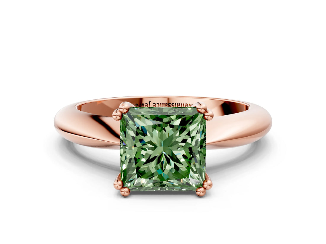 Rose gold Fancy Green Princess  Cut Solitaire Engagement Ring with Tapered Band and Four-Prong Setting