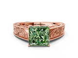 Rose gold Fancy Green Princess  Cut Solitaire Engraved Band with Four-Prong Setting