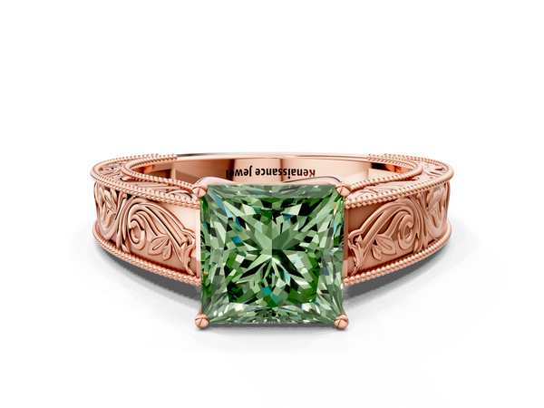Rose gold Fancy Green Princess Cut Diamond Solitaire Ring with Engraved Band and Four-Prong Setting