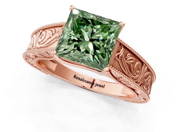 Rose gold Fancy Green Princess Cut Diamond Solitaire Ring with Engraved Band and Four-Prong Setting