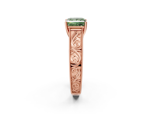 Rose gold Fancy Green Princess Cut Diamond Solitaire Ring with Engraved Band and Four-Prong Setting