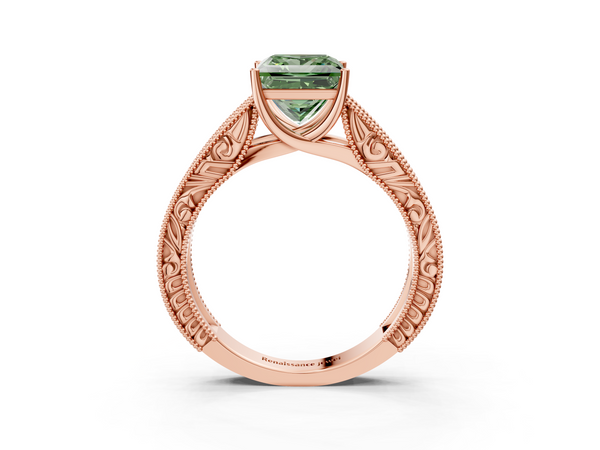 Rose gold Fancy Green Princess Cut Diamond Solitaire Ring with Engraved Band and Four-Prong Setting