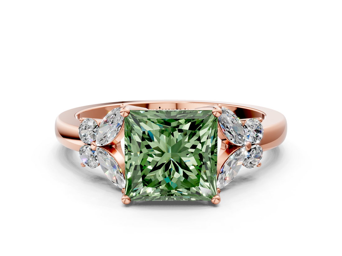 Rose gold Fancy Green Princess  Cut Solitaire Floral Diamond Ring with Four-Prong Setting