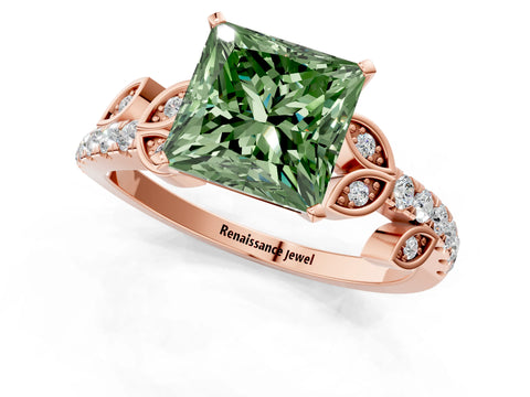 Rose gold Fancy Green Princess Cut Solitaire Leaf-Inspired Diamond Ring with Pavé Band and Four-Prong Setting_13