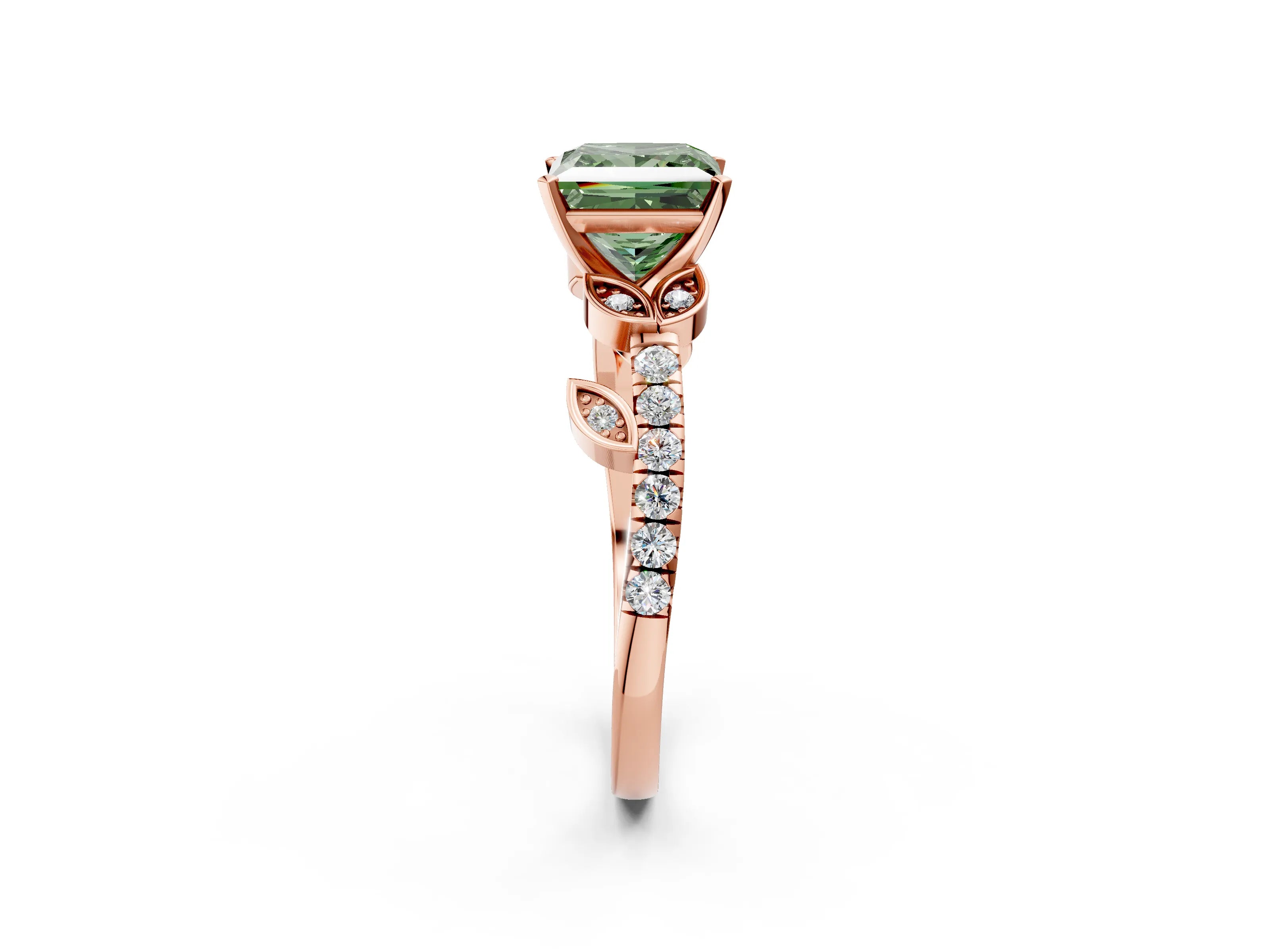 Rose gold Fancy Green Princess Cut Solitaire Leaf-Inspired Diamond Ring with Pavé Band and Four-Prong Setting_14