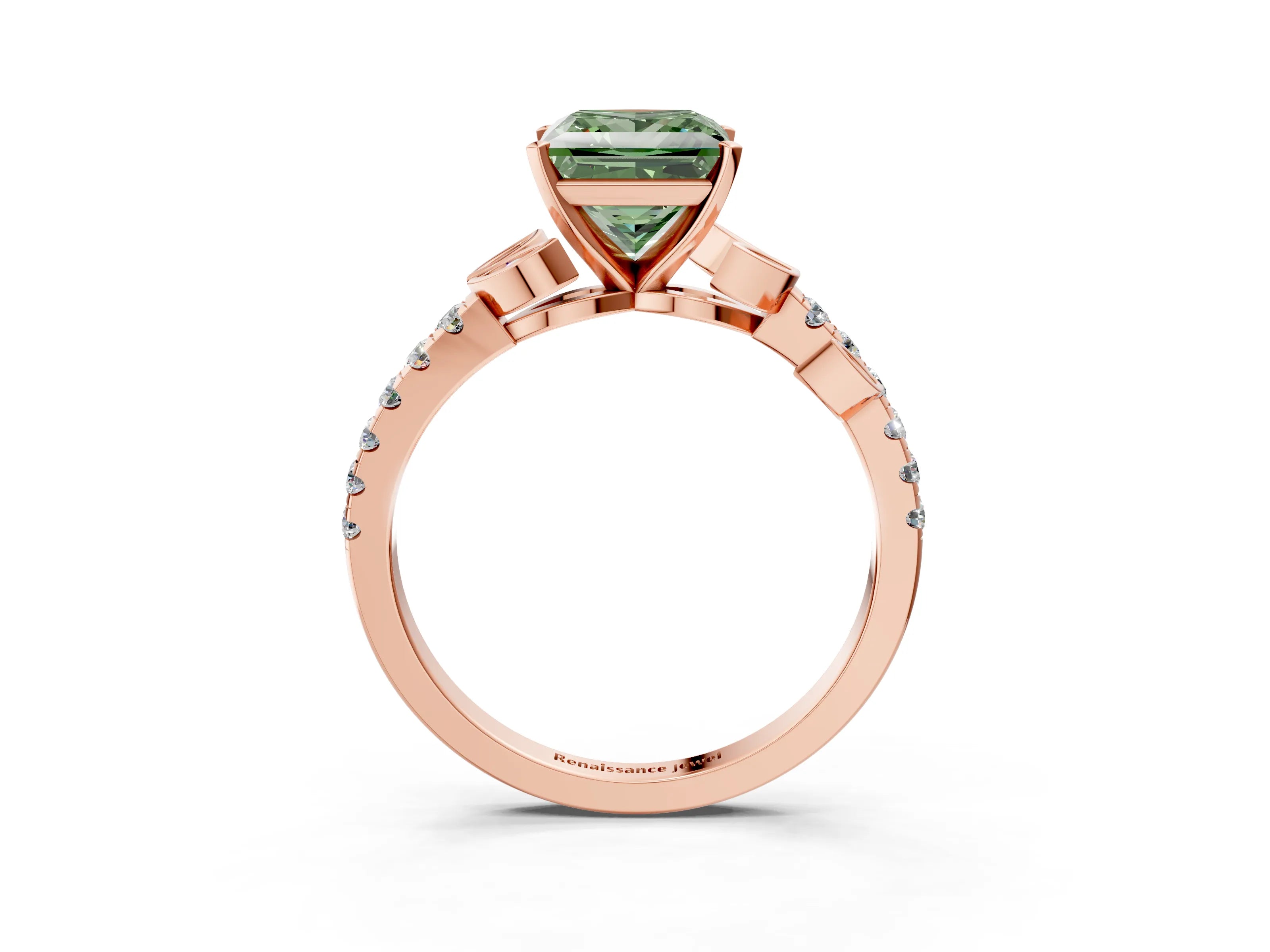 Rose gold Fancy Green Princess Cut Solitaire Leaf-Inspired Diamond Ring with Pavé Band and Four-Prong Setting_15