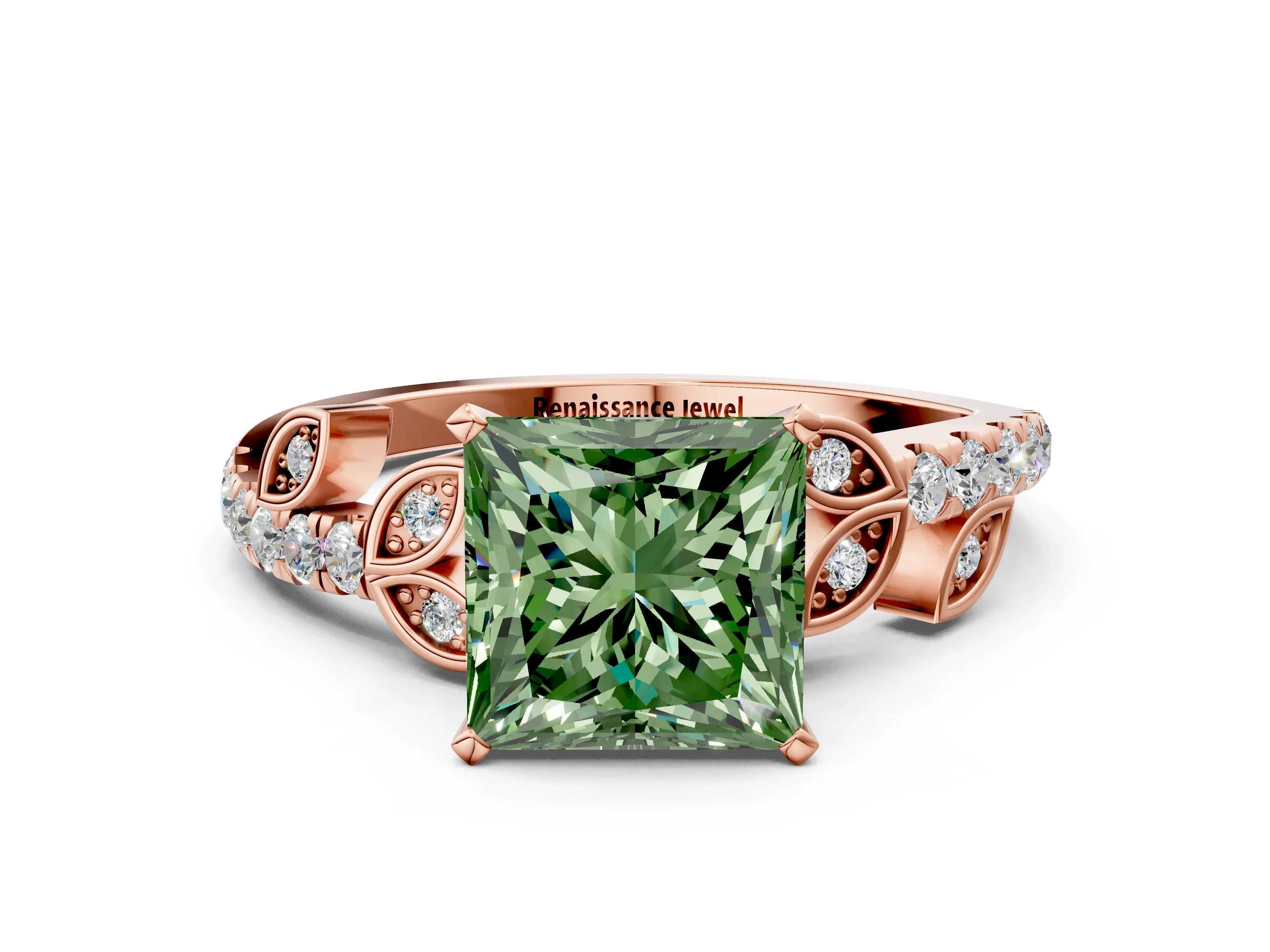 Rose gold Fancy Green Princess Cut Solitaire Leaf-Inspired Diamond Ring with Pavé Band and Four-Prong Setting_24