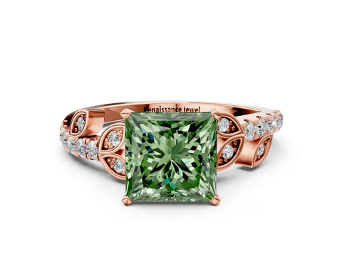 Rose gold Fancy Green Princess Cut Solitaire Leaf-Inspired Diamond Ring with Pavé Band and Four-Prong Setting_24