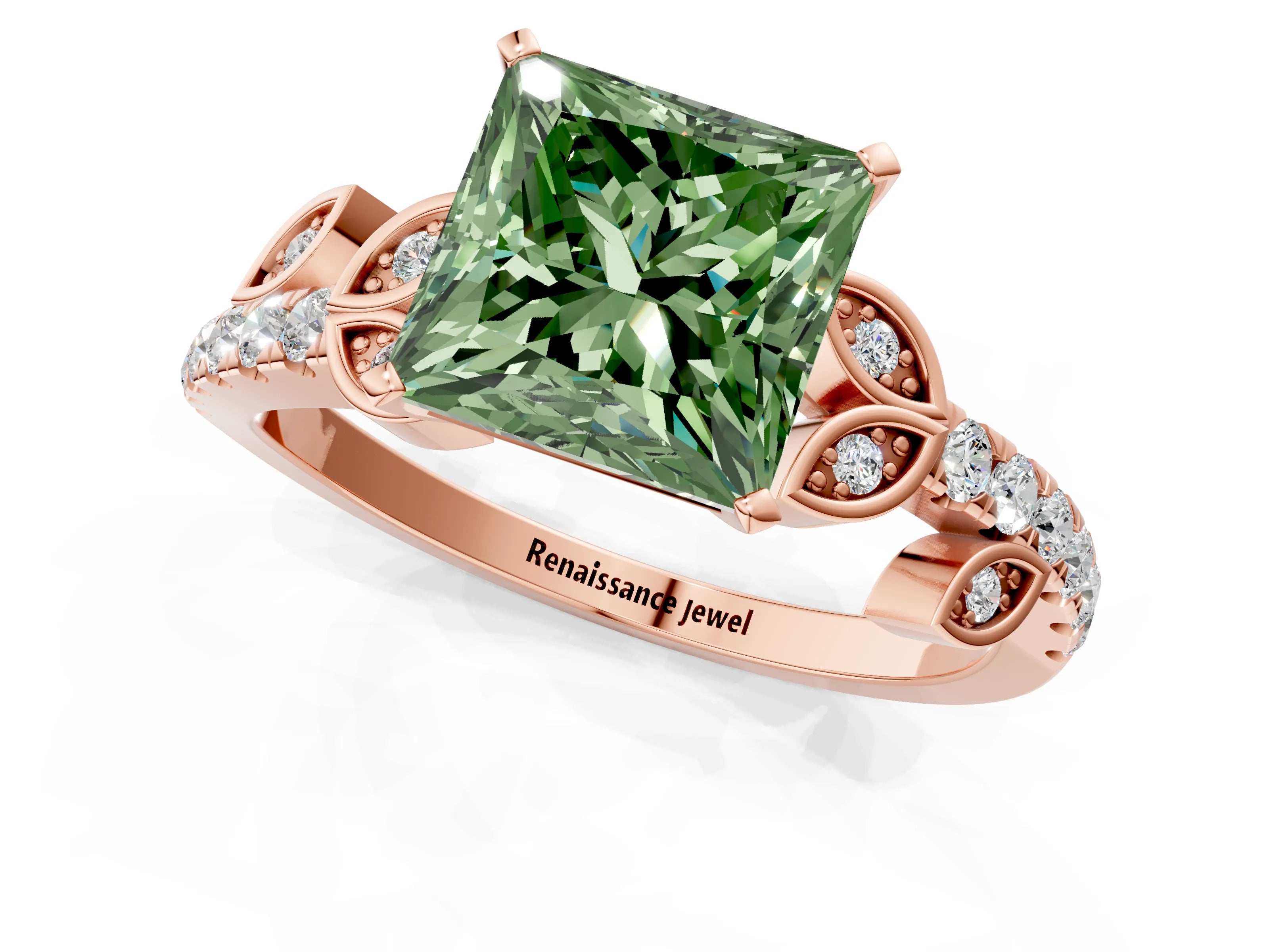Rose gold Fancy Green Princess Cut Solitaire Leaf-Inspired Diamond Ring with Pavé Band and Four-Prong Setting_25