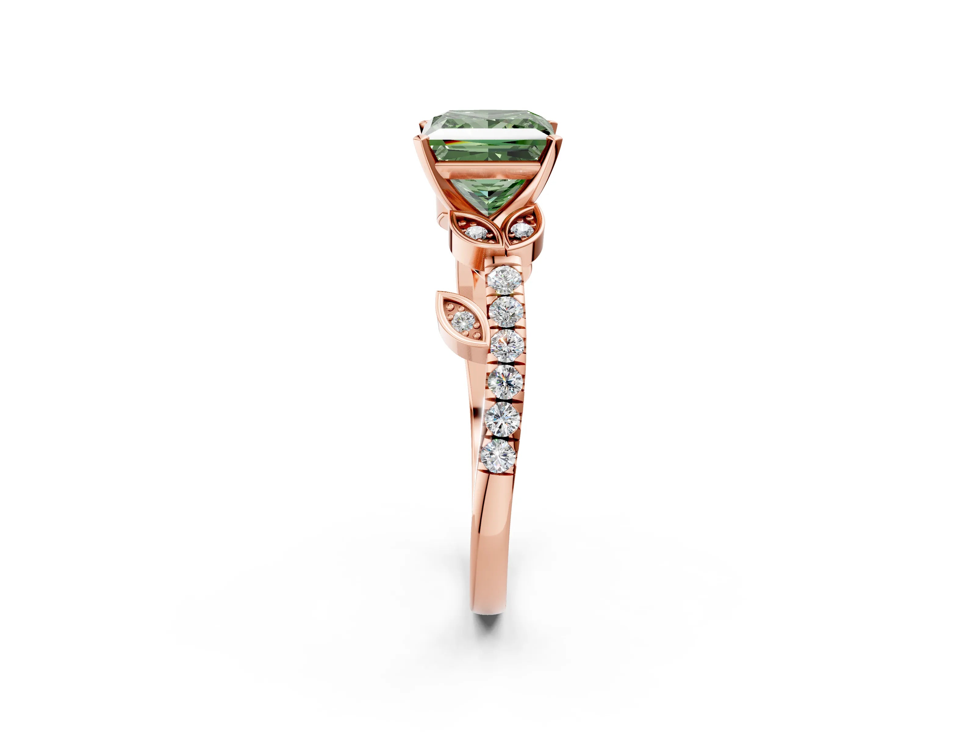 Rose gold Fancy Green Princess Cut Solitaire Leaf-Inspired Diamond Ring with Pavé Band and Four-Prong Setting_26