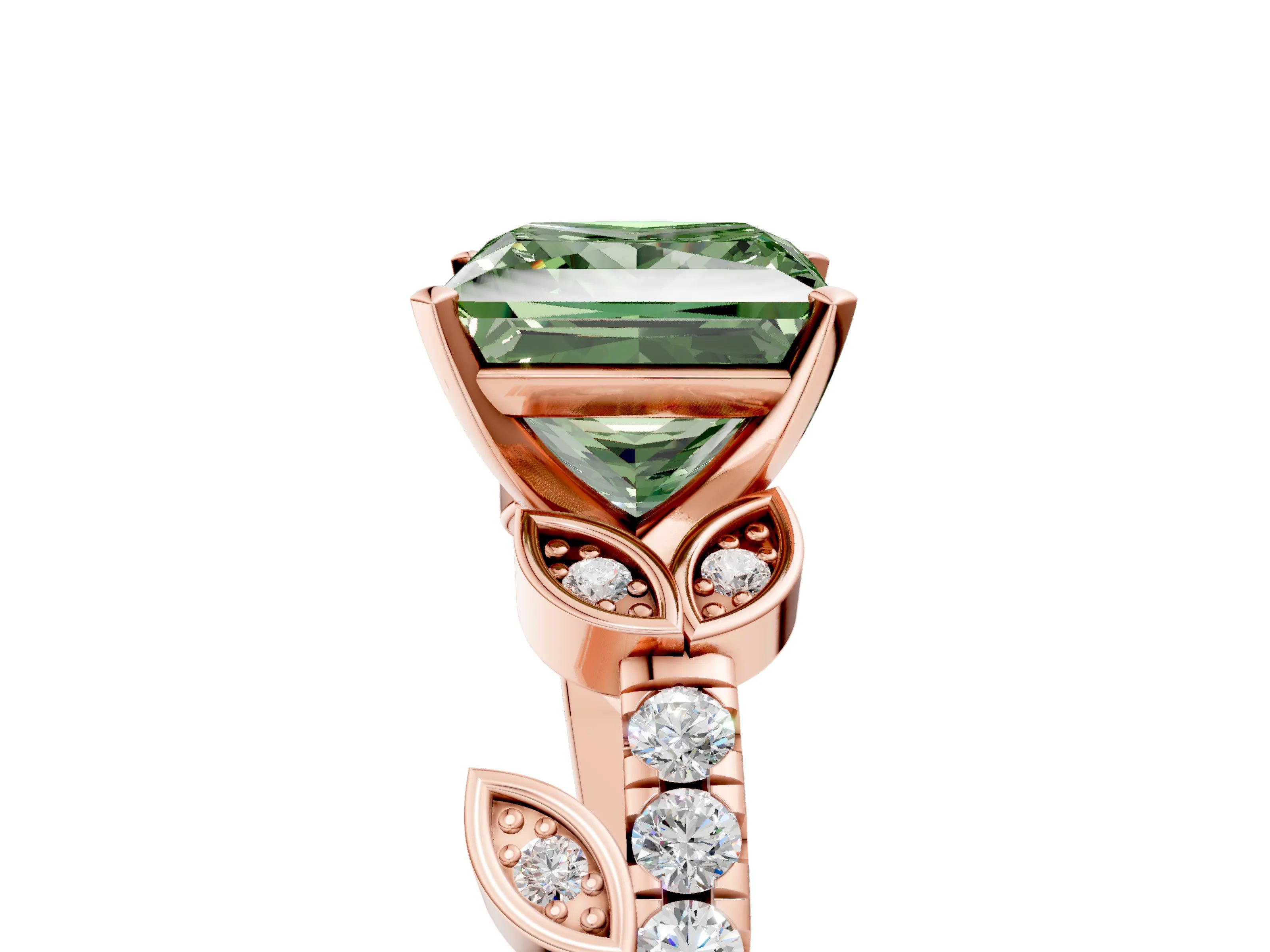 Rose gold Fancy Green Princess Cut Solitaire Leaf-Inspired Diamond Ring with Pavé Band and Four-Prong Setting_5