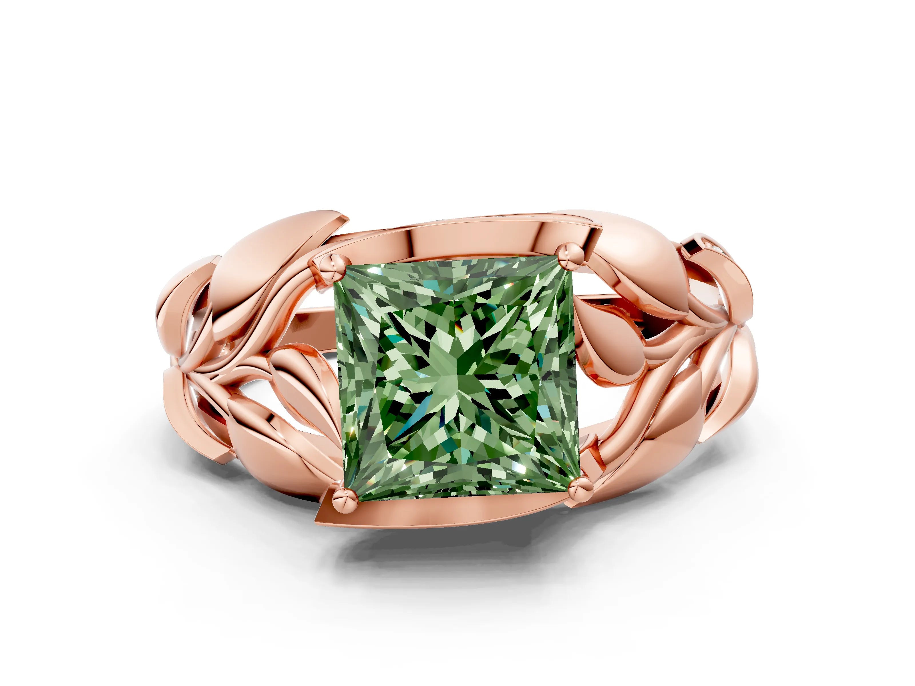 Rose gold Fancy Green Princess Cut Solitaire Leaf-Inspired Engagement Ring with Prong Setting