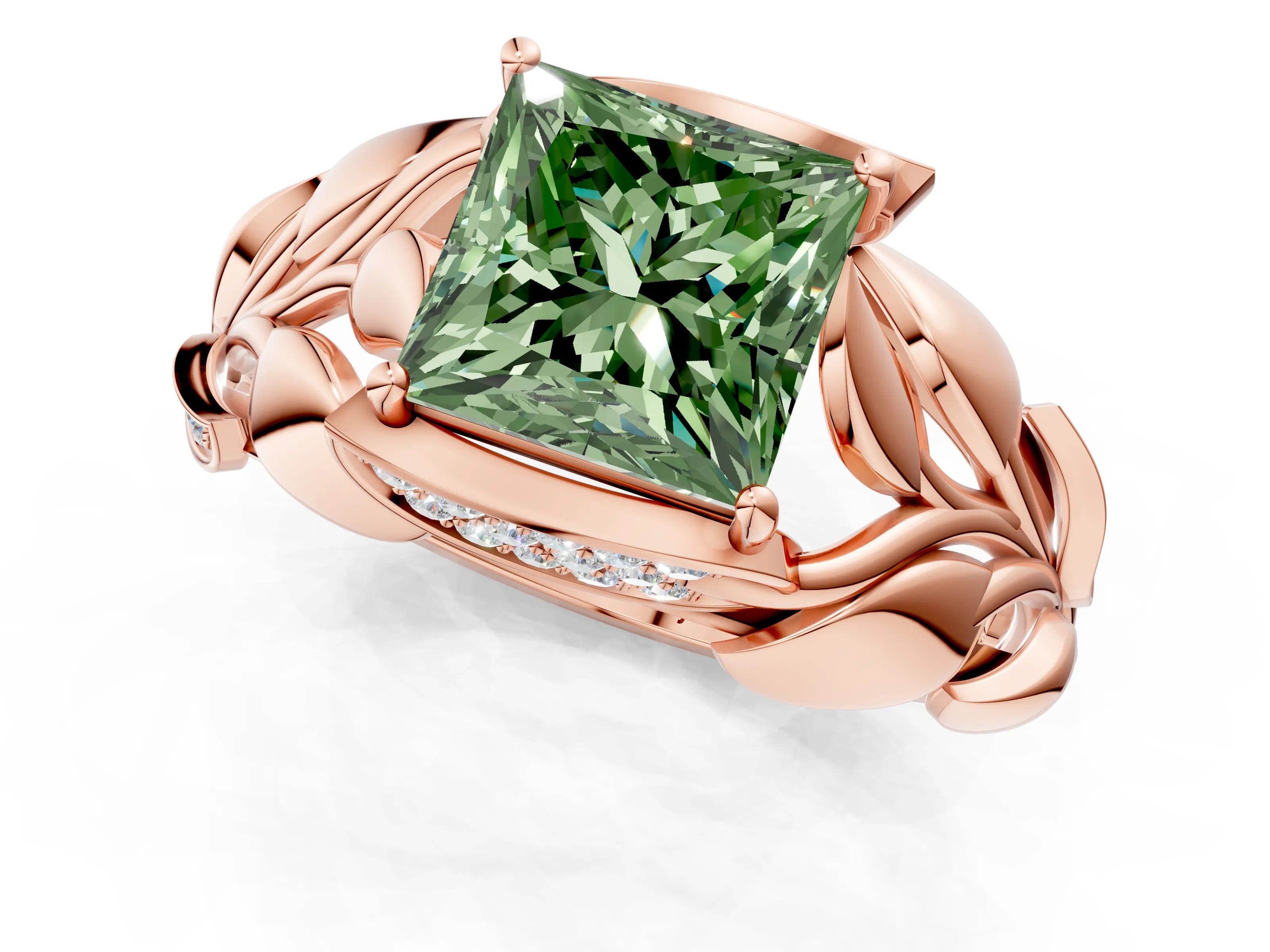 Rose gold Fancy Green Princess Cut Solitaire Leaf-Inspired Engagement Ring with Prong Setting_1