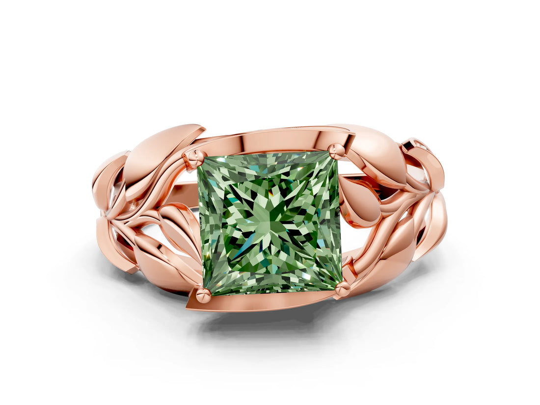 Rose gold Fancy Green Princess Cut Solitaire Leaf-Inspired Engagement Ring with Prong Setting_12