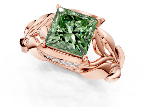 Rose gold Fancy Green Princess Cut Solitaire Leaf-Inspired Engagement Ring with Prong Setting_1