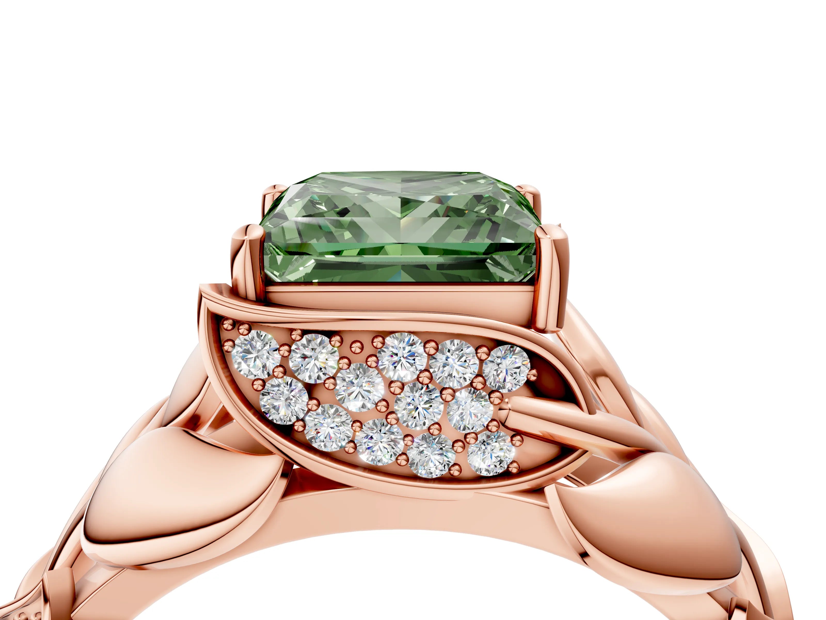 Rose gold Fancy Green Princess Cut Solitaire Leaf-Inspired Engagement Ring with Prong Setting_4