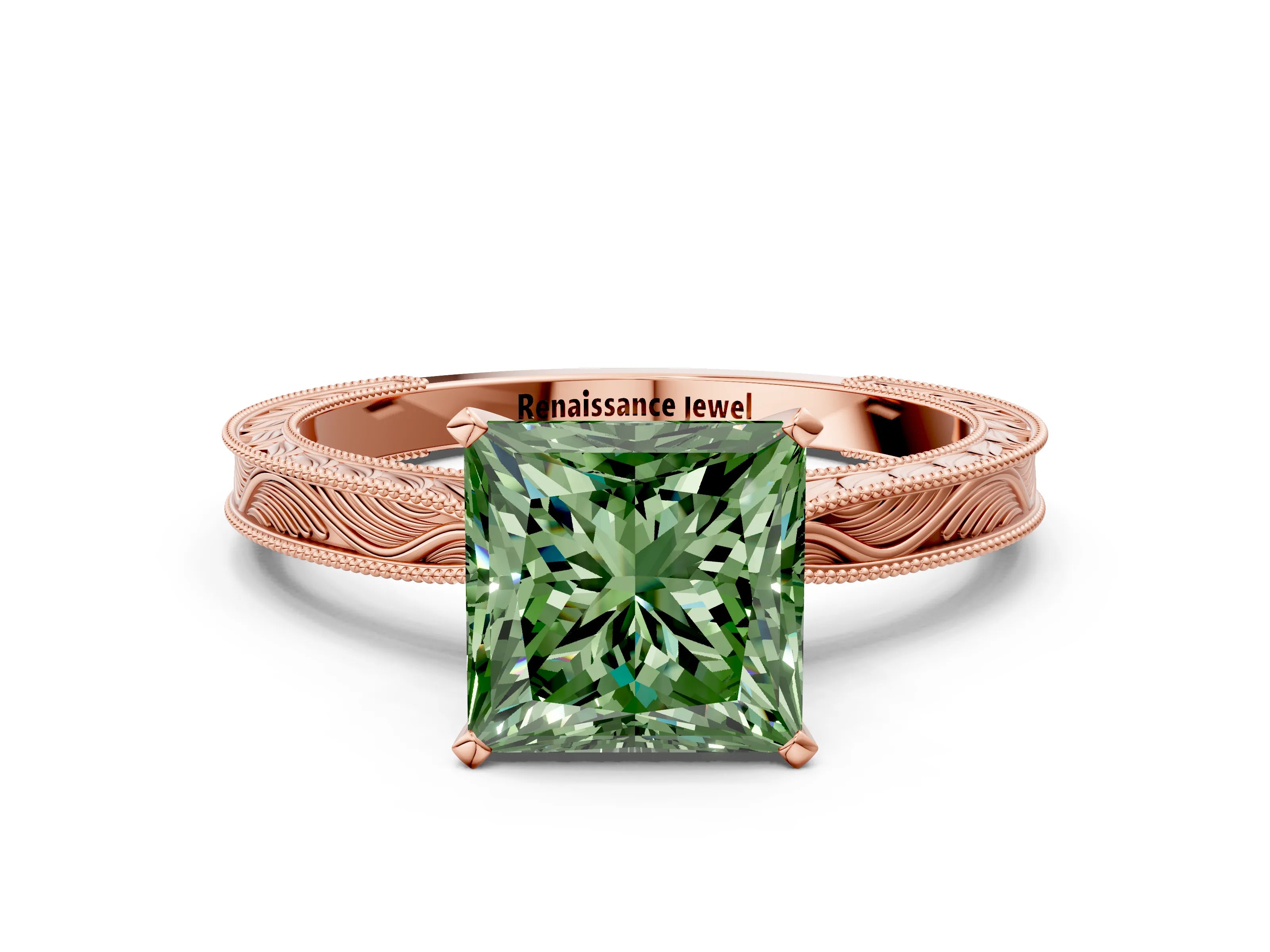 Rose gold Fancy Green Princess Cut Solitaire Milgrain Engraved Band with Four-Prong Setting