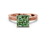 Rose gold Fancy Green Princess Cut Solitaire Milgrain Engraved Band with Four-Prong Setting