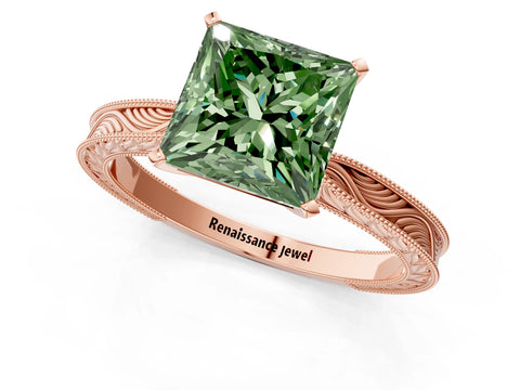 Rose gold Fancy Green Princess Cut Solitaire Milgrain Engraved Band with Four-Prong Setting_1