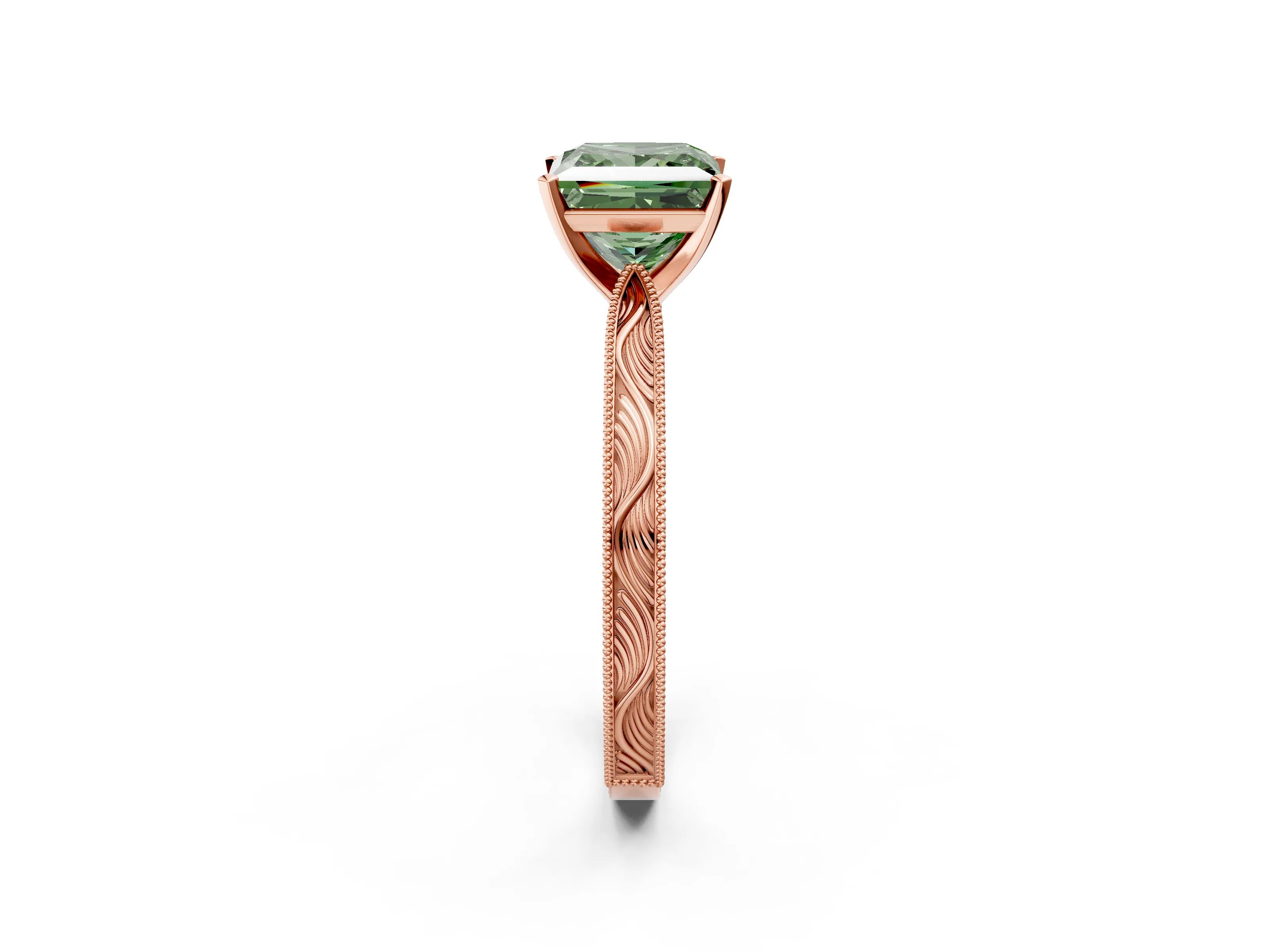 Rose gold Fancy Green Princess Cut Solitaire Milgrain Engraved Band with Four-Prong Setting_2