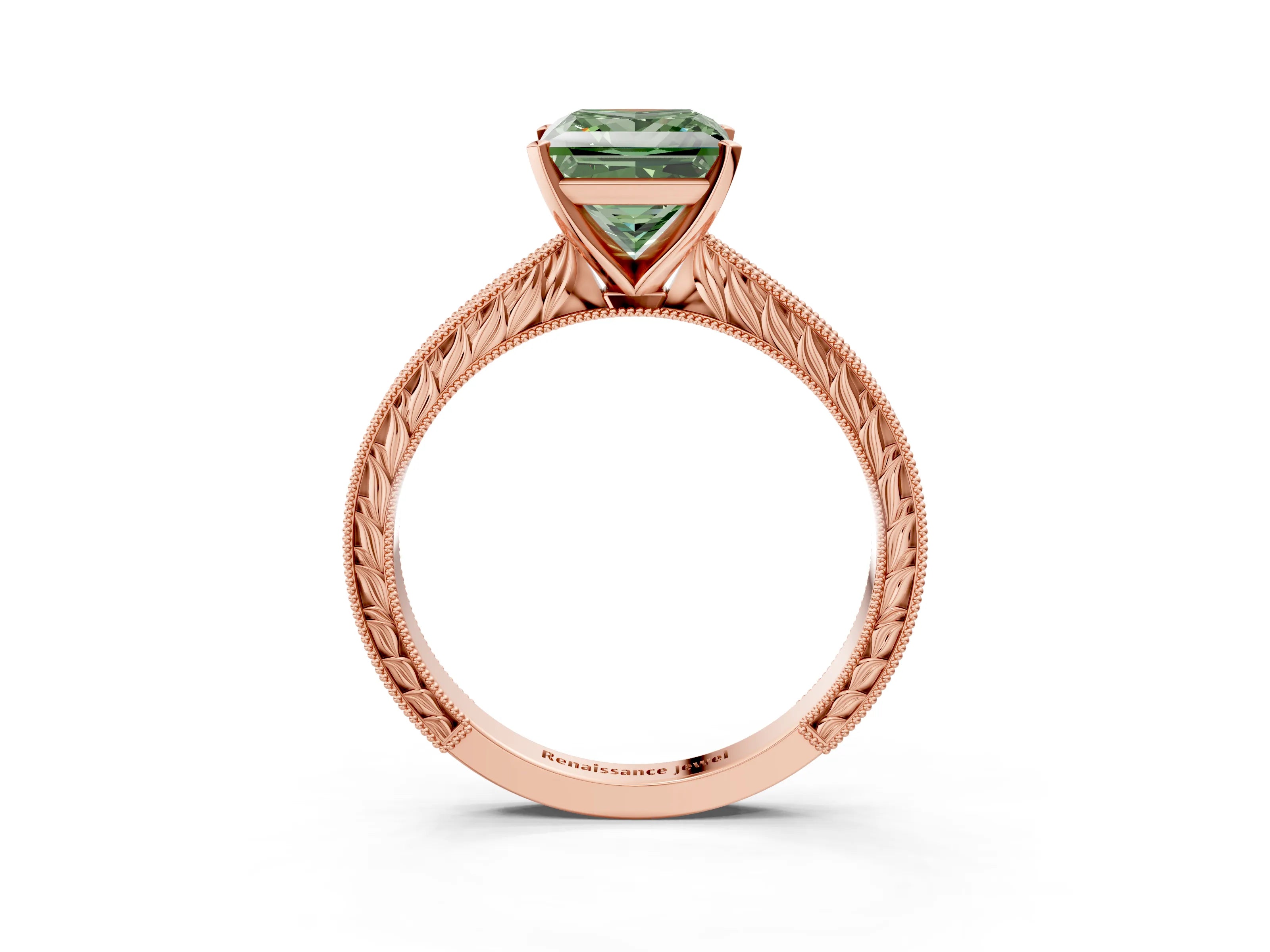 Rose gold Fancy Green Princess Cut Solitaire Milgrain Engraved Band with Four-Prong Setting_3