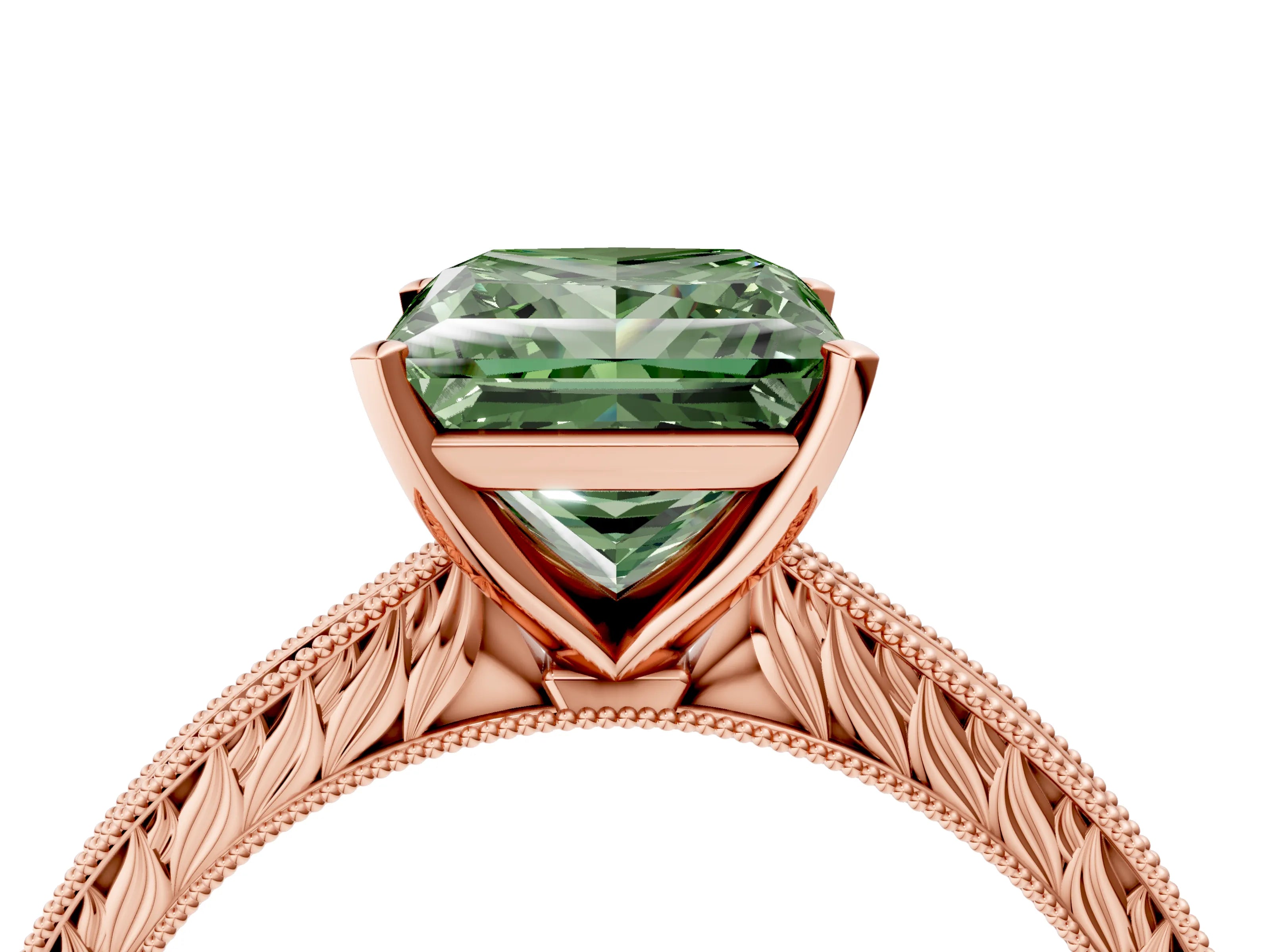 Rose gold Fancy Green Princess Cut Solitaire Milgrain Engraved Band with Four-Prong Setting_4
