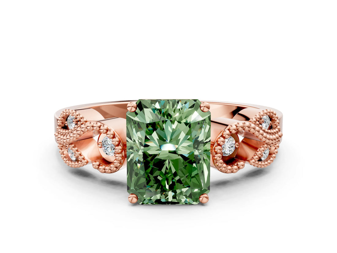 Rose gold Fancy Green Princess Cut Solitaire Milgrain Leaf Band with Prong Setting