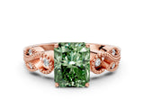 Rose gold Fancy Green Princess Cut Solitaire Milgrain Leaf Band with Prong Setting
