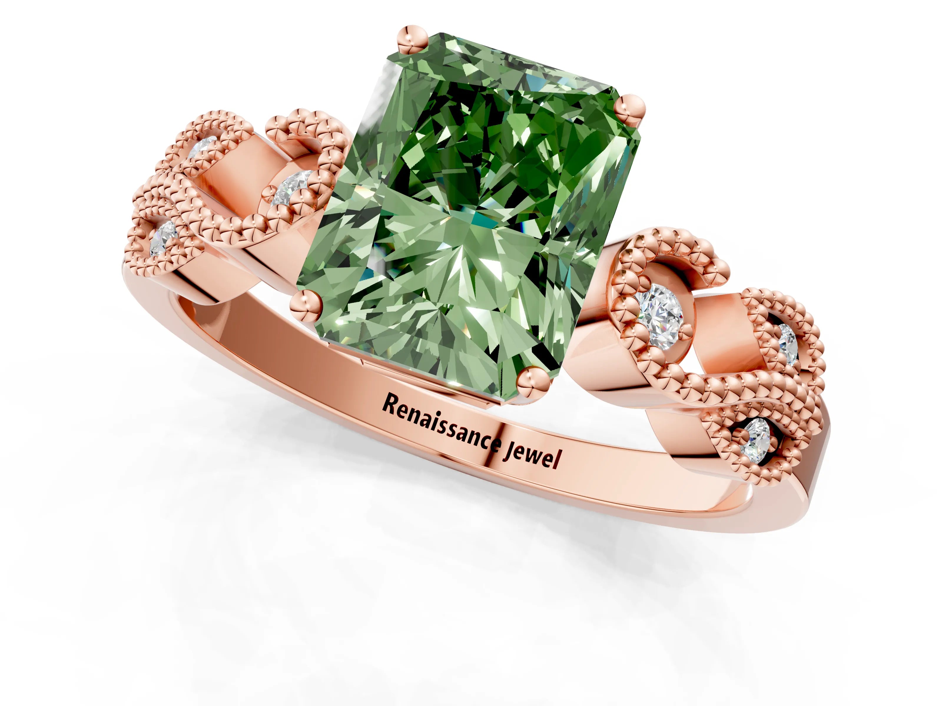 Rose gold Fancy Green Princess Cut Solitaire Milgrain Leaf Band with Prong Setting_1