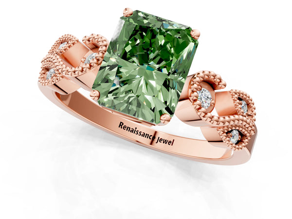 Rose gold Fancy Green Princess Cut Solitaire Milgrain Leaf Band with Prong Setting
