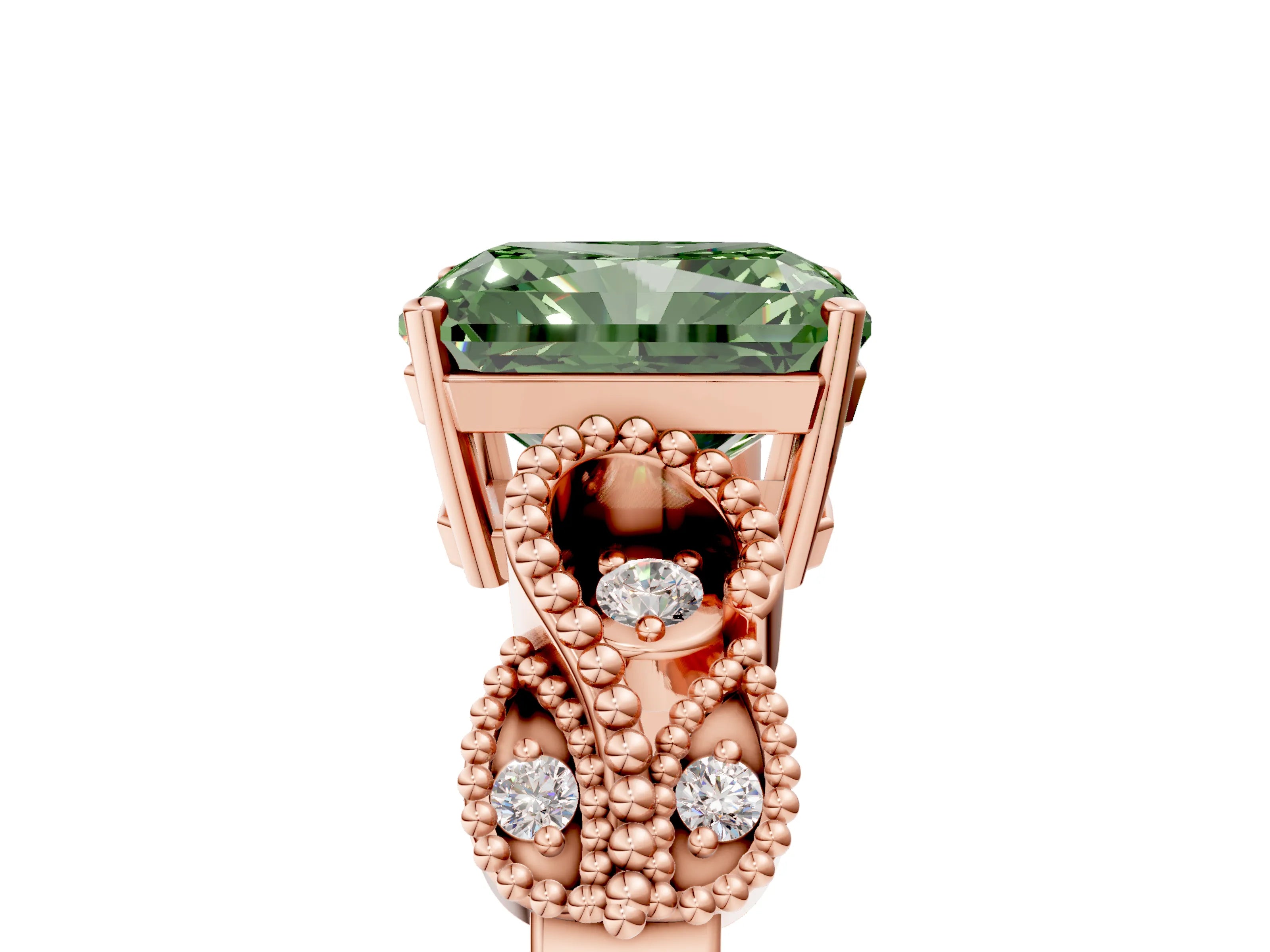 Rose gold Fancy Green Princess Cut Solitaire Milgrain Leaf Band with Prong Setting_5