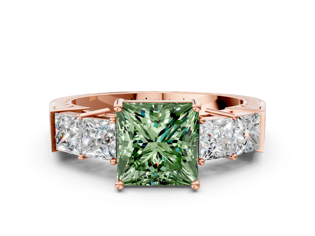 Rose gold Fancy Green Princess Cut Solitaire Princess Side Stone Engraved Band Prong Setting Ring