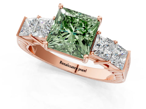 Rose gold Fancy Green Princess Cut Solitaire Princess Side Stone Engraved Band Prong Setting Ring_1