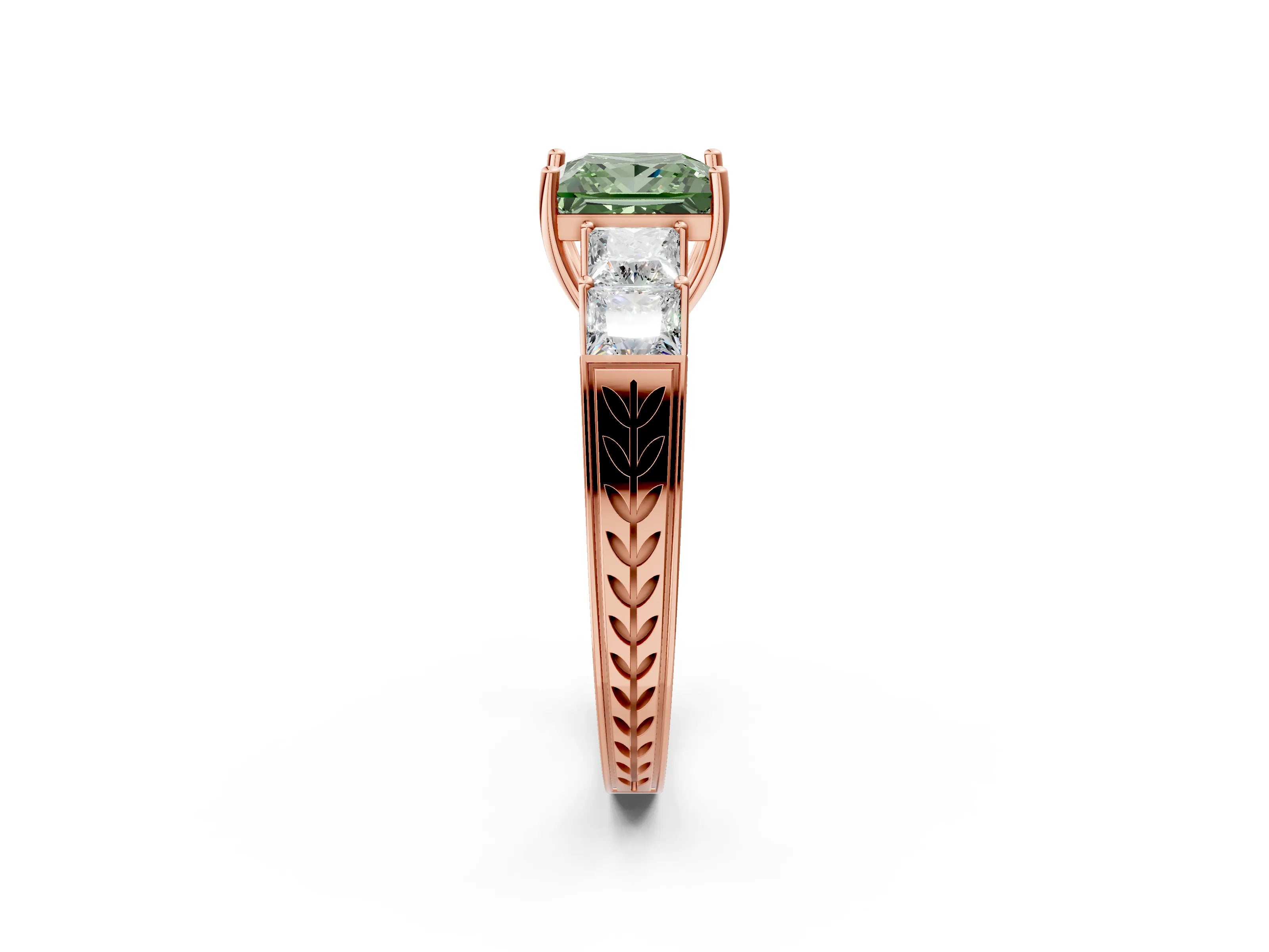 Rose gold Fancy Green Princess Cut Solitaire Princess Side Stone Engraved Band Prong Setting Ring_2