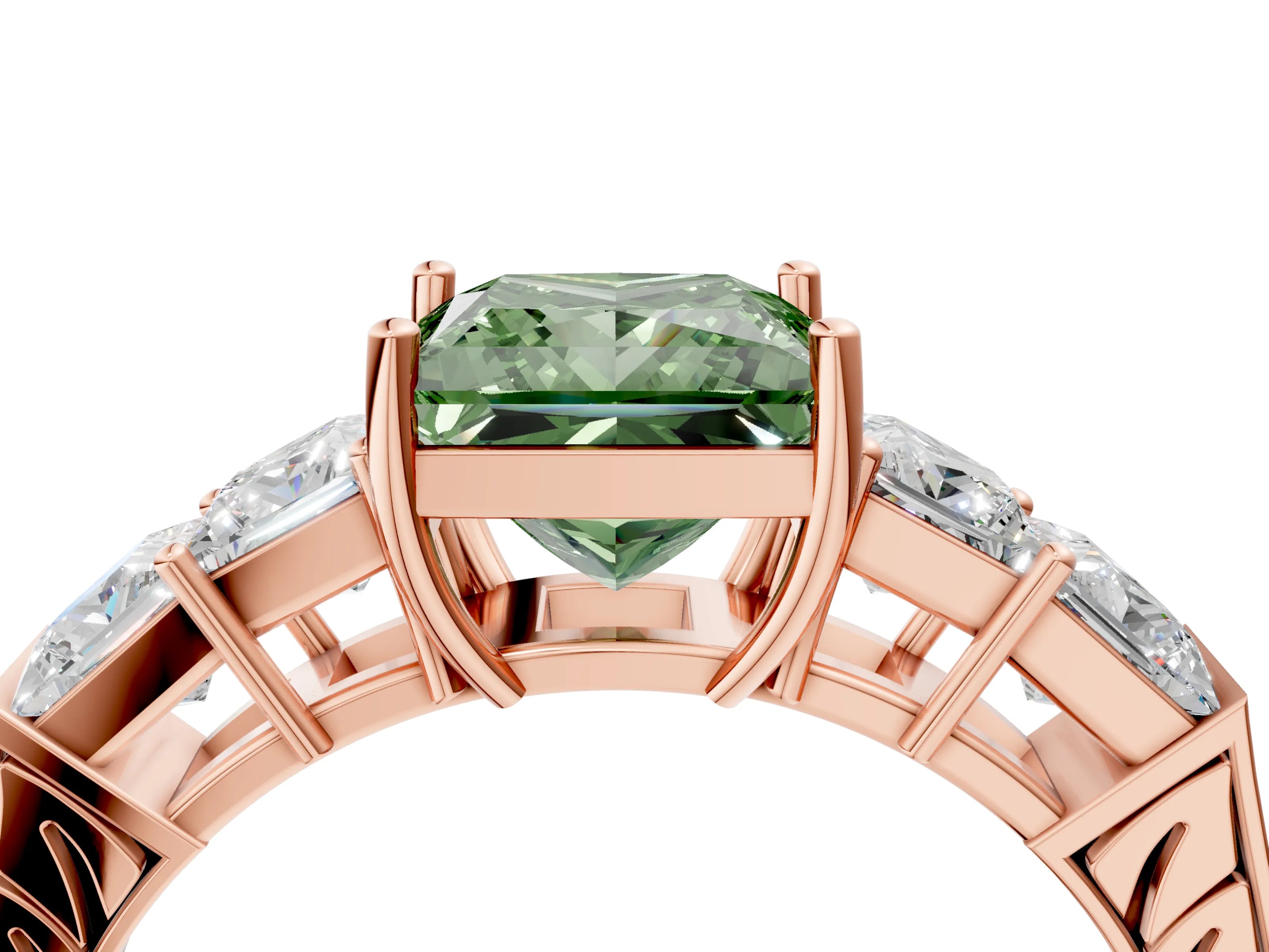 Rose gold Fancy Green Princess Cut Solitaire Princess Side Stone Engraved Band Prong Setting Ring_4
