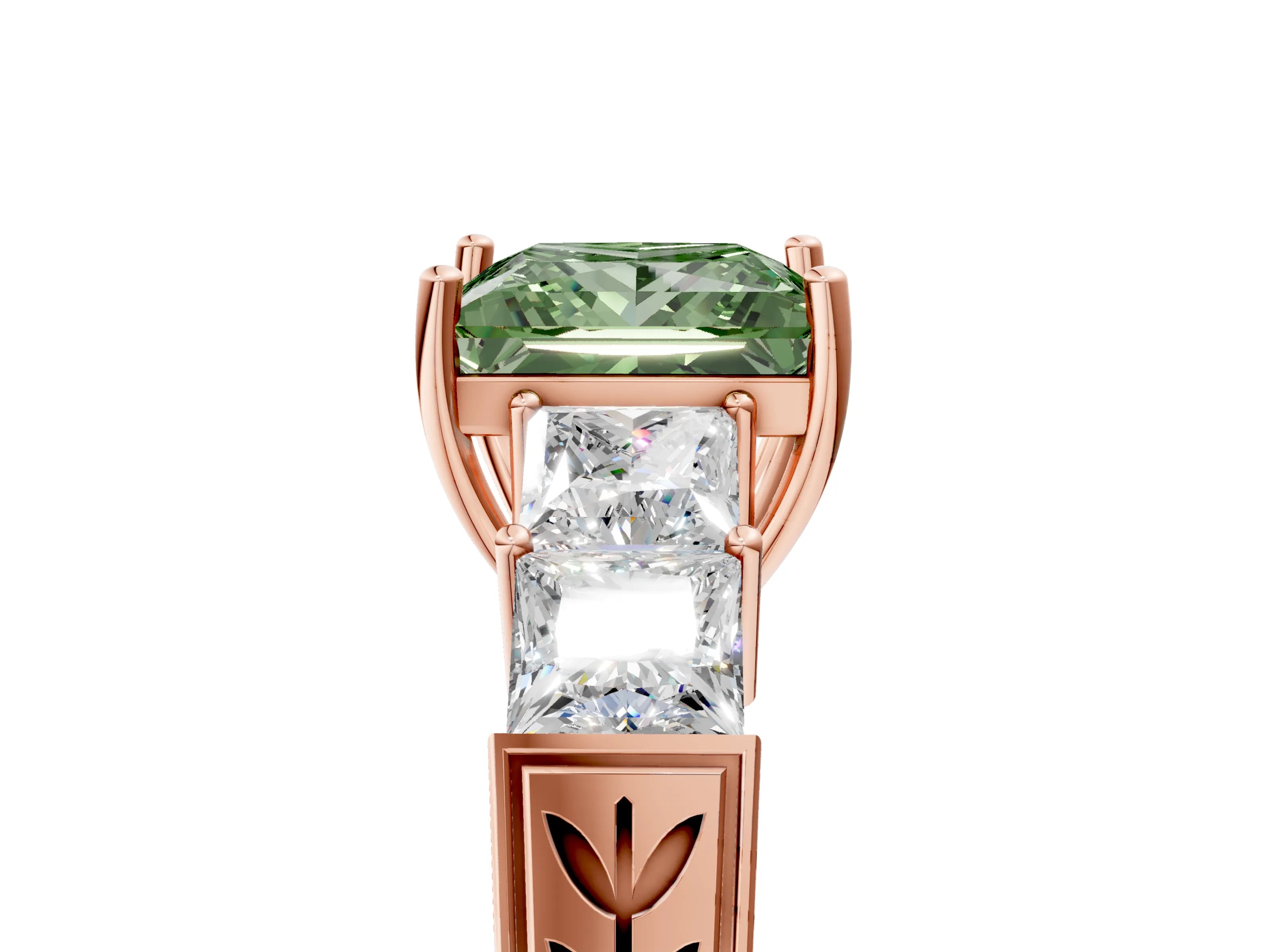 Rose gold Fancy Green Princess Cut Solitaire Princess Side Stone Engraved Band Prong Setting Ring_5