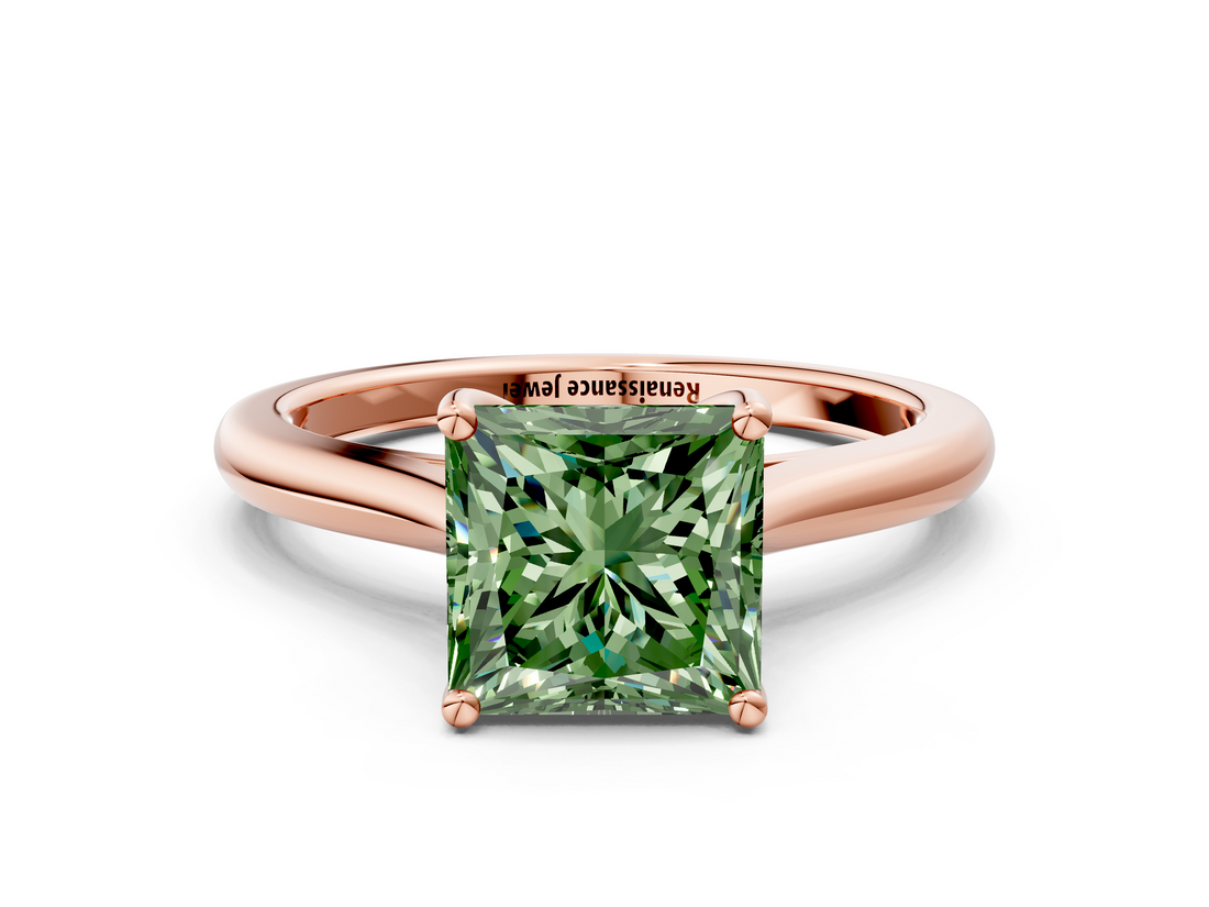 Rose gold Fancy Green Princess  Cut Solitaire Ring with Cathedral Band and Four-Prong Setting