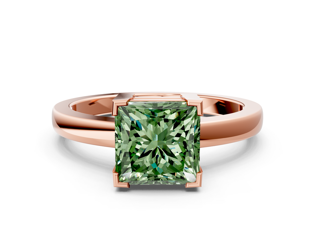 Rose gold Fancy Green Princess  Cut Solitaire Ring with Four-Prong Setting and Classic Band