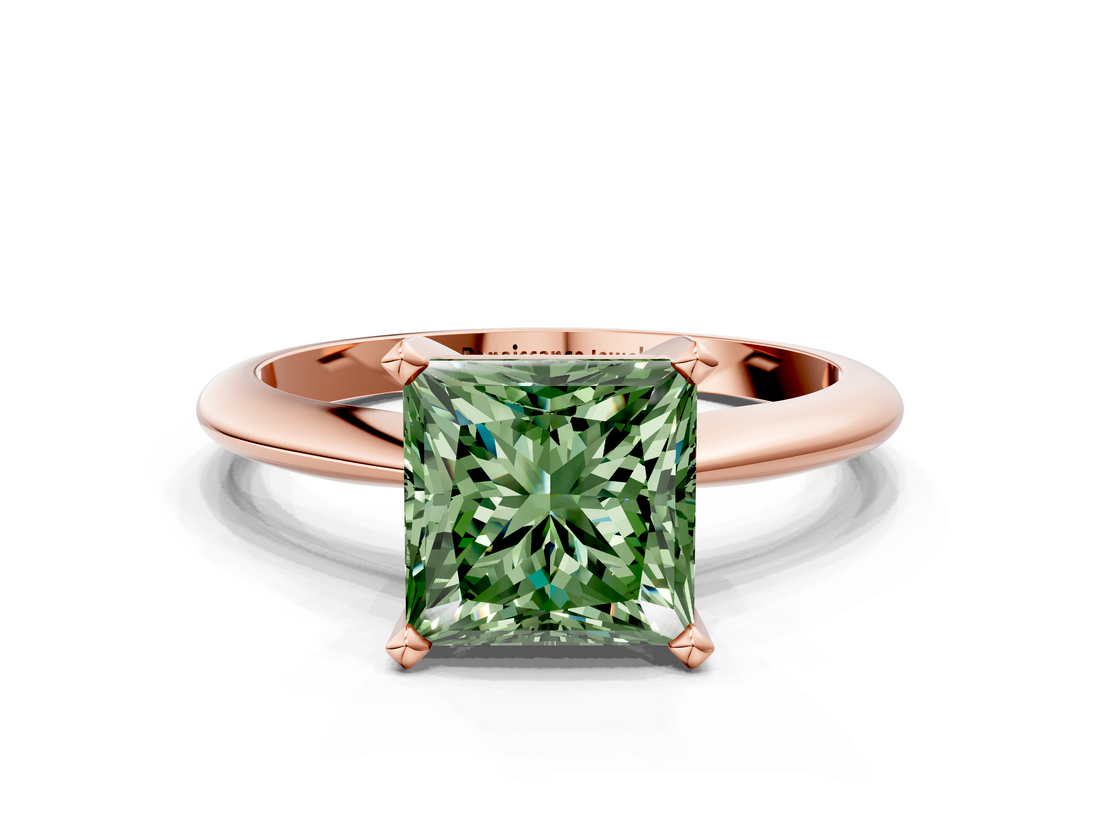 Rose gold Fancy Green Princess  Cut Solitaire Ring with Four-Prong Setting on a Classic Band