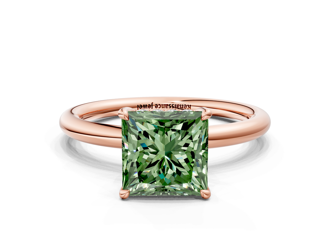 Rose gold Fancy Green Princess  Cut Solitaire Ring with Thin Band and Four-Prong Setting