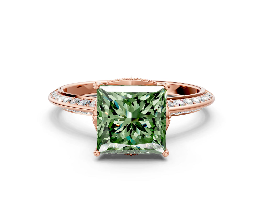 Rose gold Fancy Green Princess Cut Solitaire Split Shank Pave Diamond Engagement Ring with Four-Prong Setting