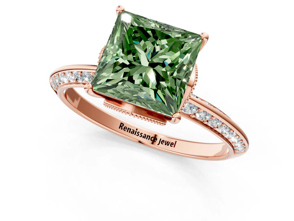 Rose Gold Princess Cut Graduated Pave Engagement Ring Setting for Fancy Green Center