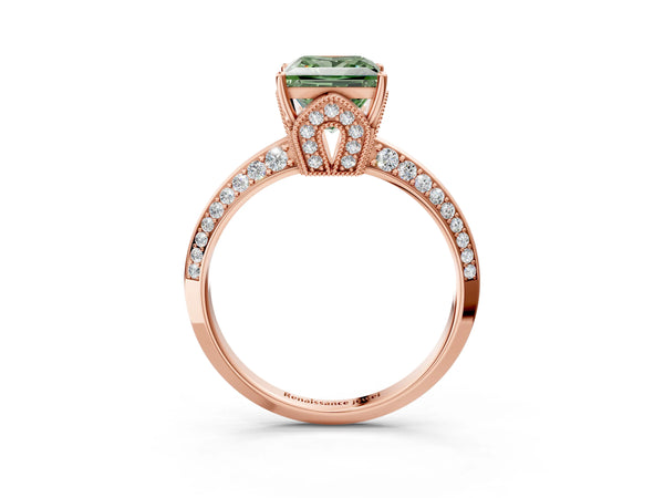 Rose Gold Princess Cut Graduated Pave Engagement Ring Setting for Fancy Green Center