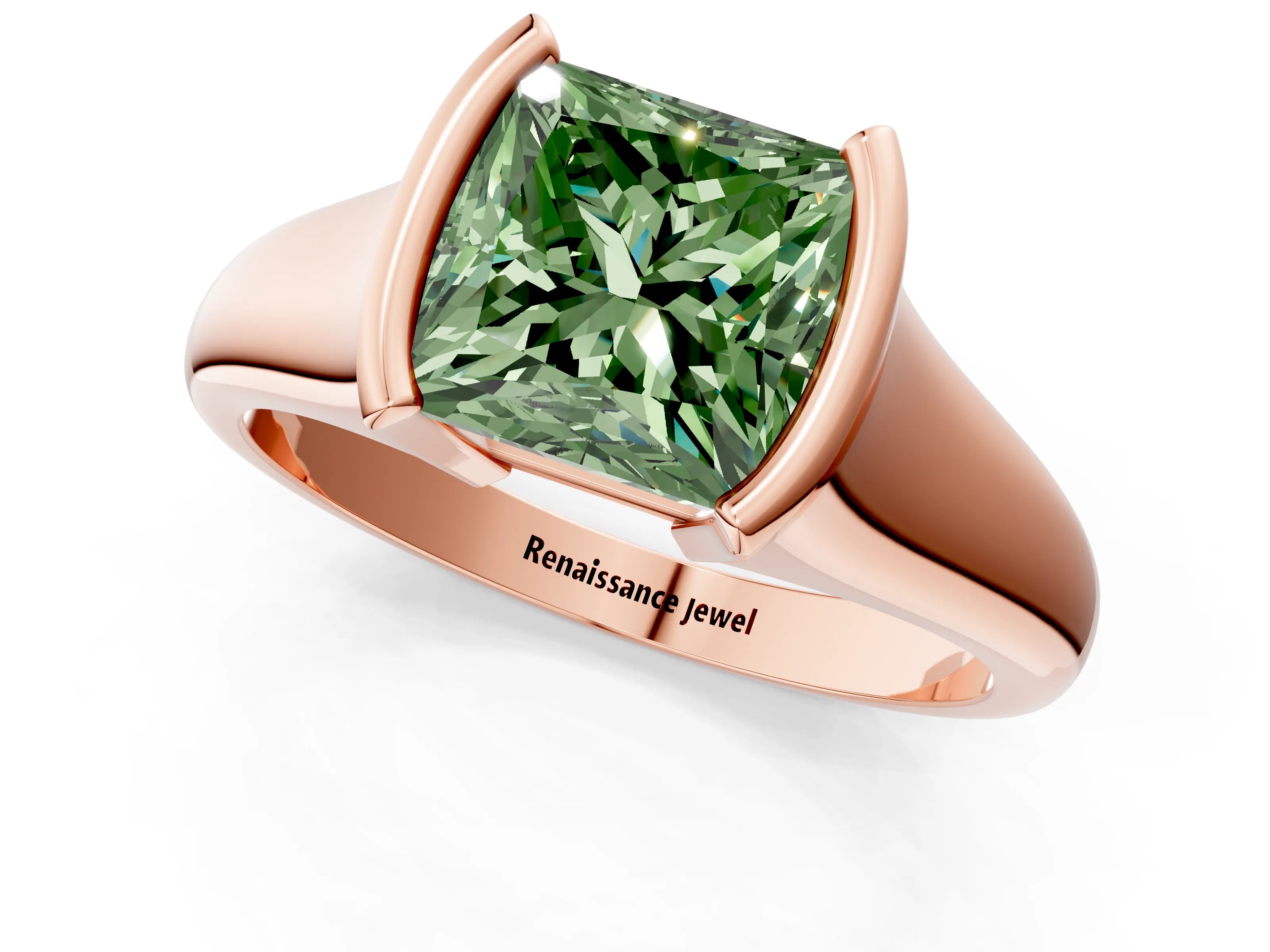 Rose gold Fancy Green Princess Cut Solitaire Tension Set Diamond Ring with Split Shank Band_1