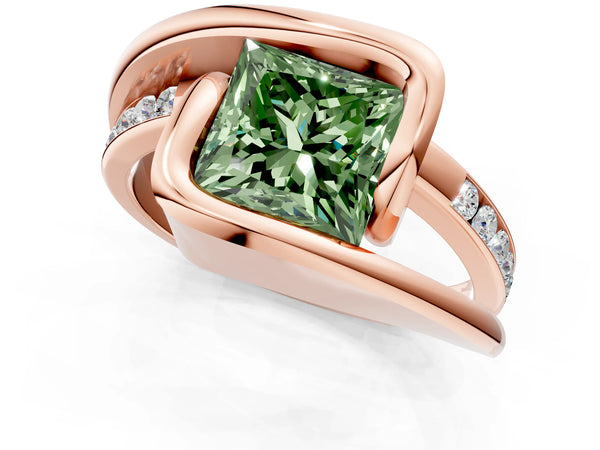 Rose gold Fancy Green Princess Cut Solitaire Tension-Set Diamond Split Shank Ring