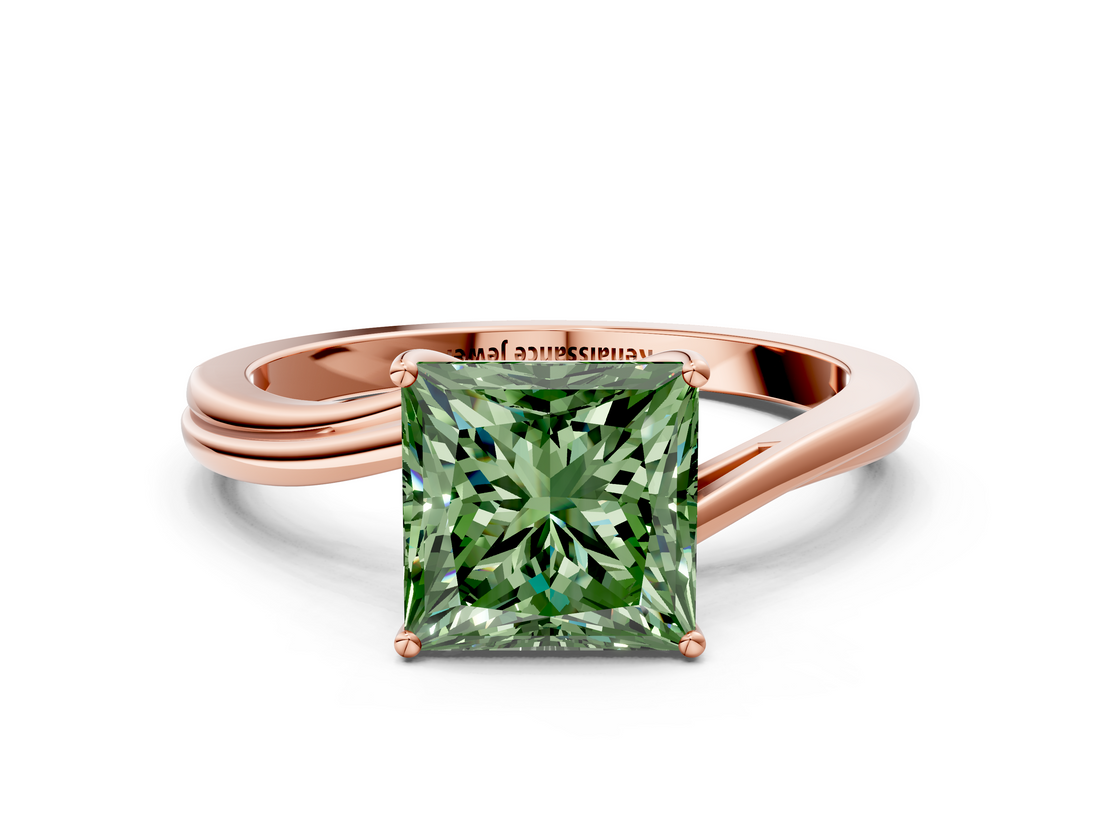 Rose gold Fancy Green Princess  Cut Solitaire Twist Band Ring with Four-Prong Setting